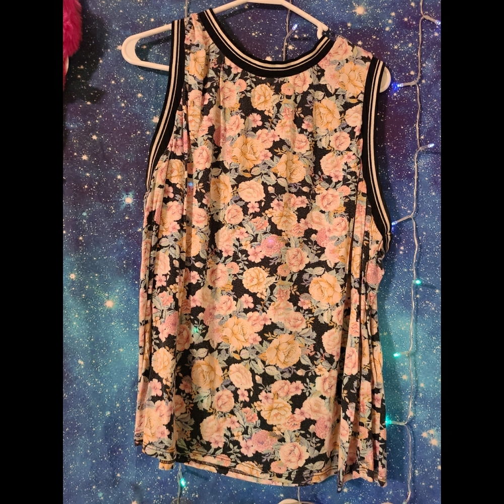 Navy sleeveless floral shirt